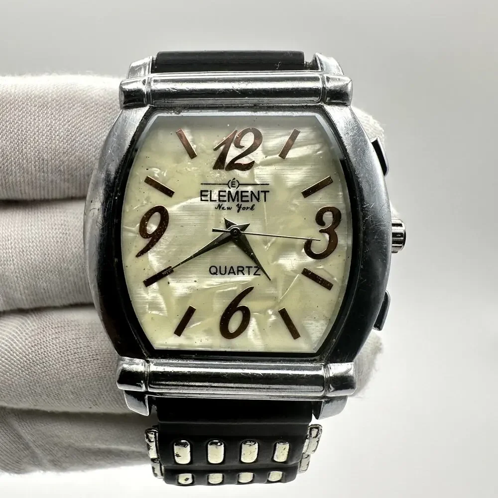 Element New York Quartz Tonneau Watch Silver Case Black Rubber Strap